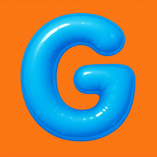 A big balloon like capital G that is electric blue in the middle of an orange square